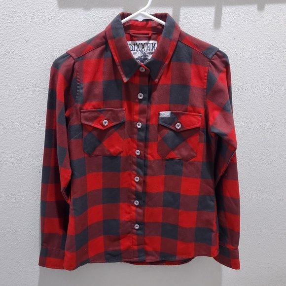 DIXXON Women's Flannel Shirt Fifty Fifty Button Down L/S Red Buffalo Plaid Small - Picture 2 of 8